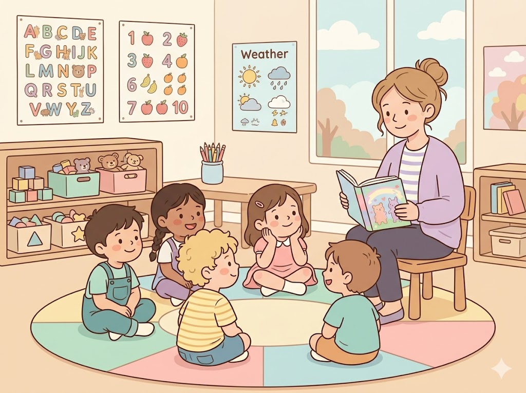 Cozy reading area setup loaded with children books